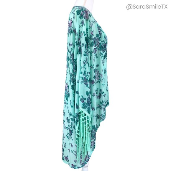 ENTRO Boho Mint Green Floral Print Tassel Fringe Midi Length Kimono - Picture 7 of 8